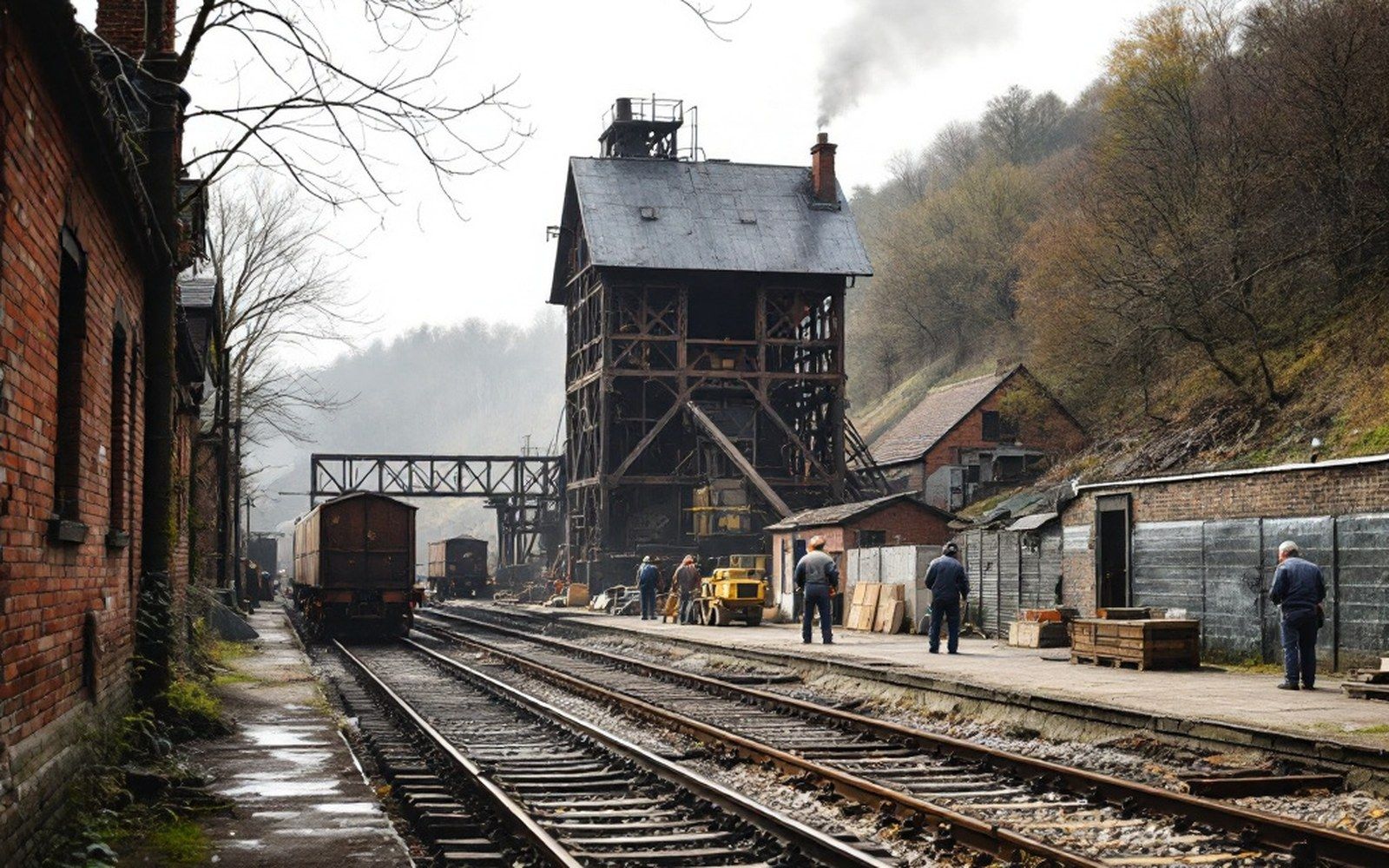 A timber and steel coal loading structure beside a railway siding, disused, flat light