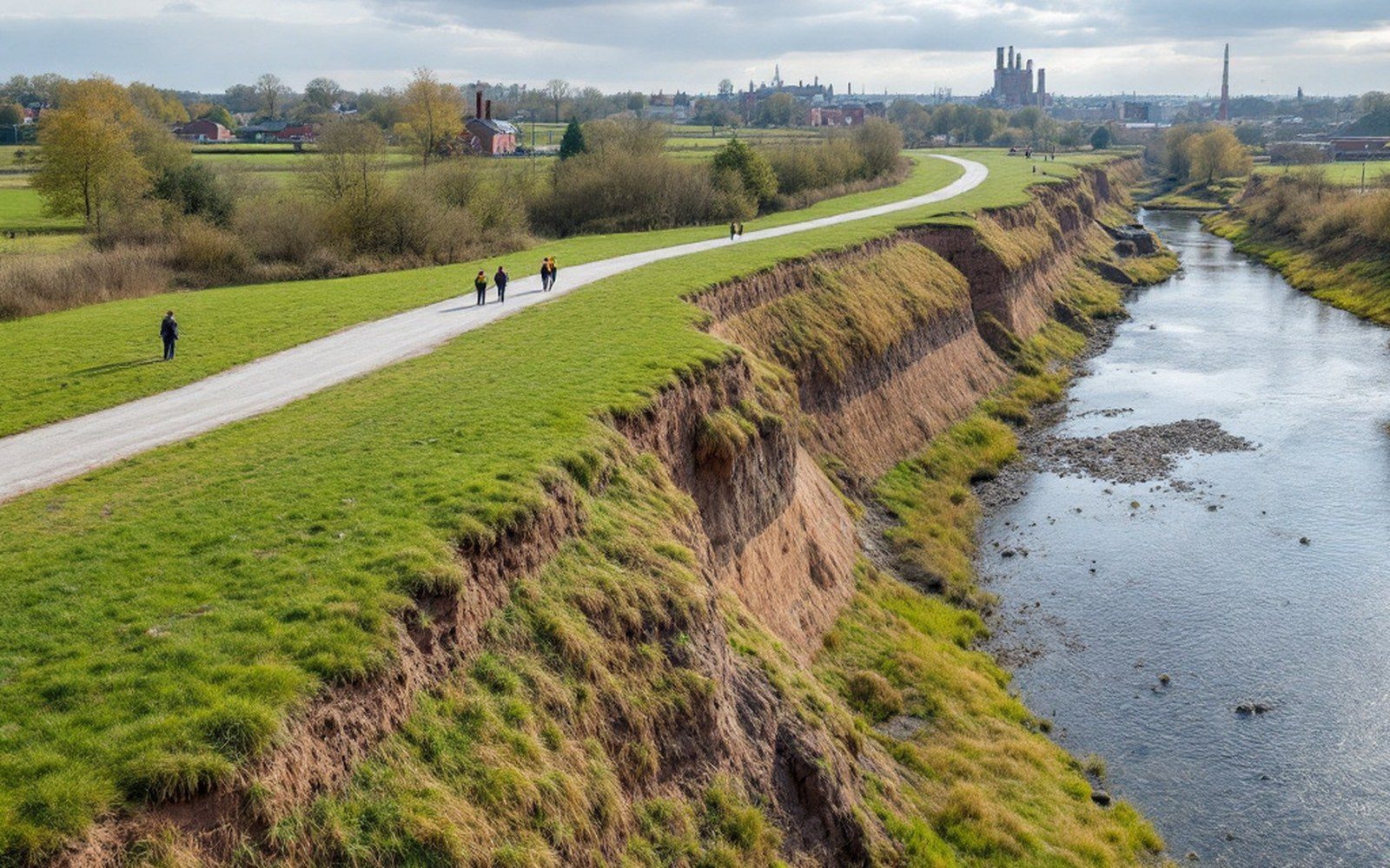 A long grassed earth embankment running beside a river with a gravel access track on top