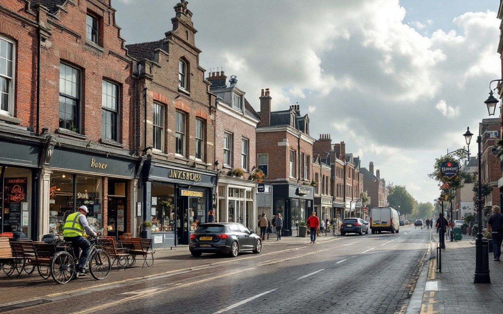 A wide main street of one and two storey brick shopfronts, few vehicles