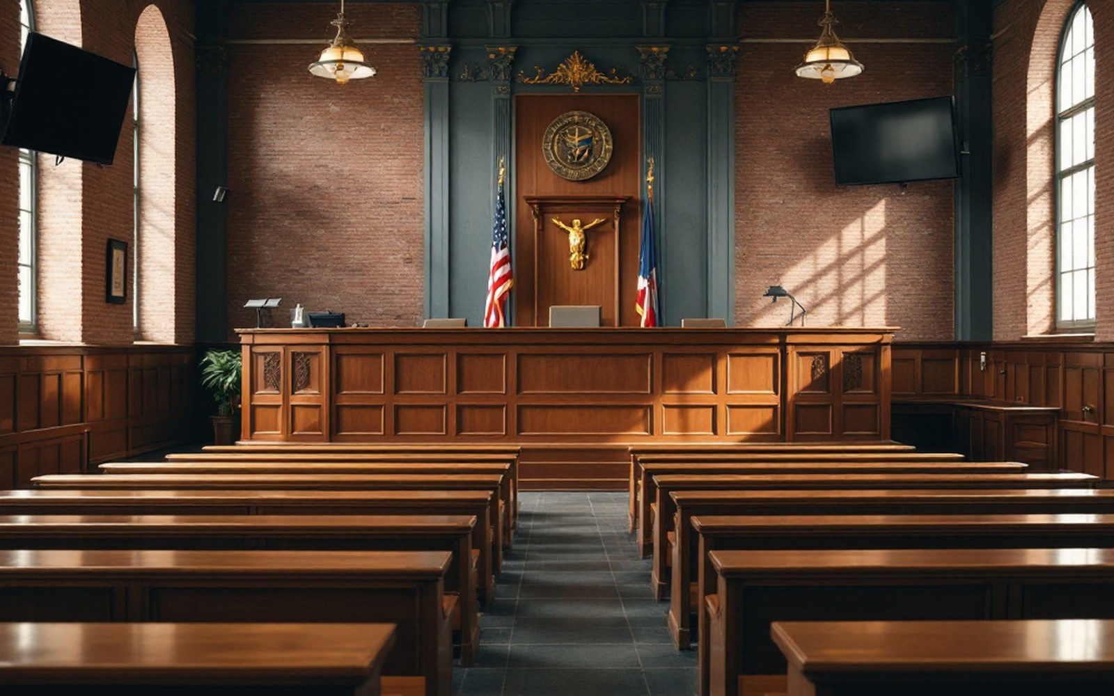 A courtroom interior with a raised bench, rail and wooden benches, empty, daylight
