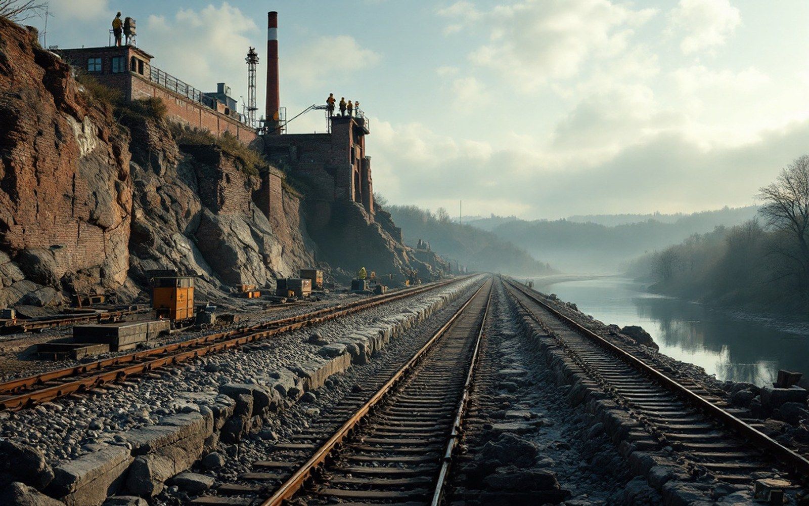 A railway cutting through rock with a signal post at the top of the bank