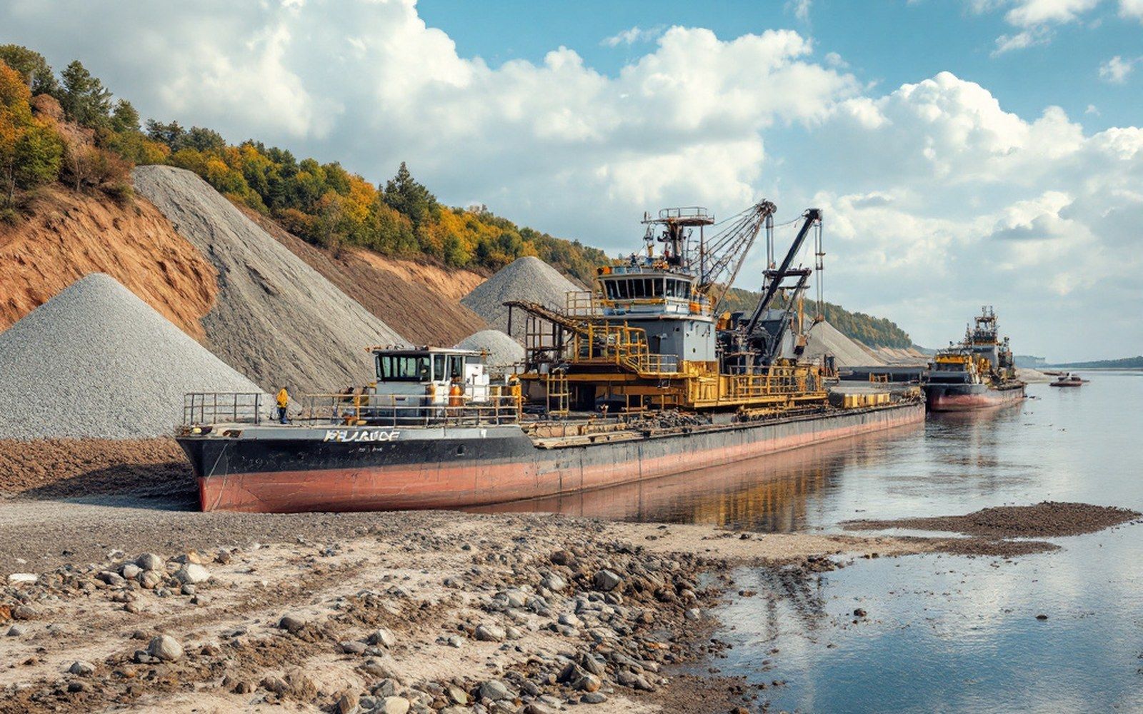 A gravel dredging barge moored beside a stockpile on a riverbank