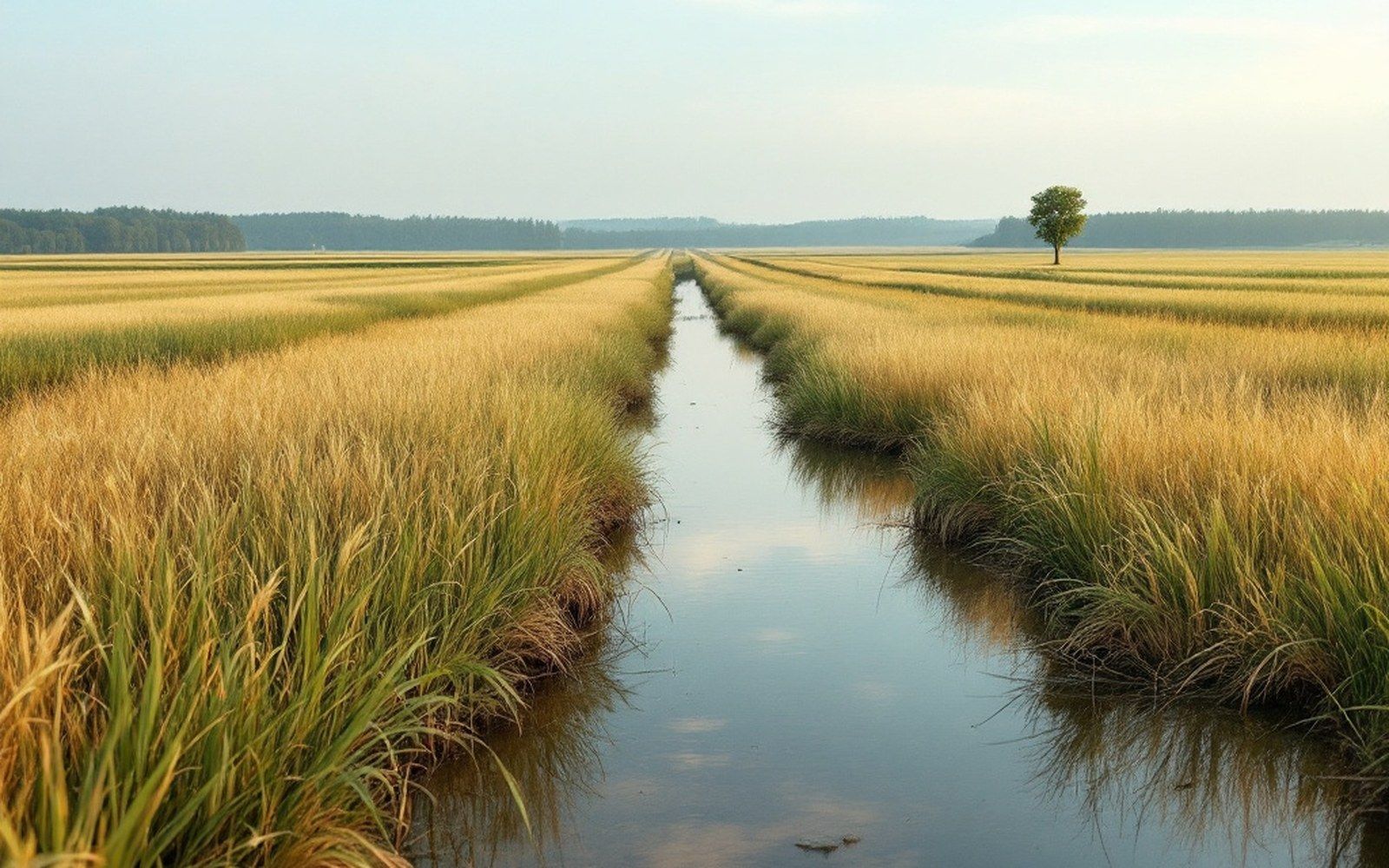 Flat open country with tall grass and a single distant treeline