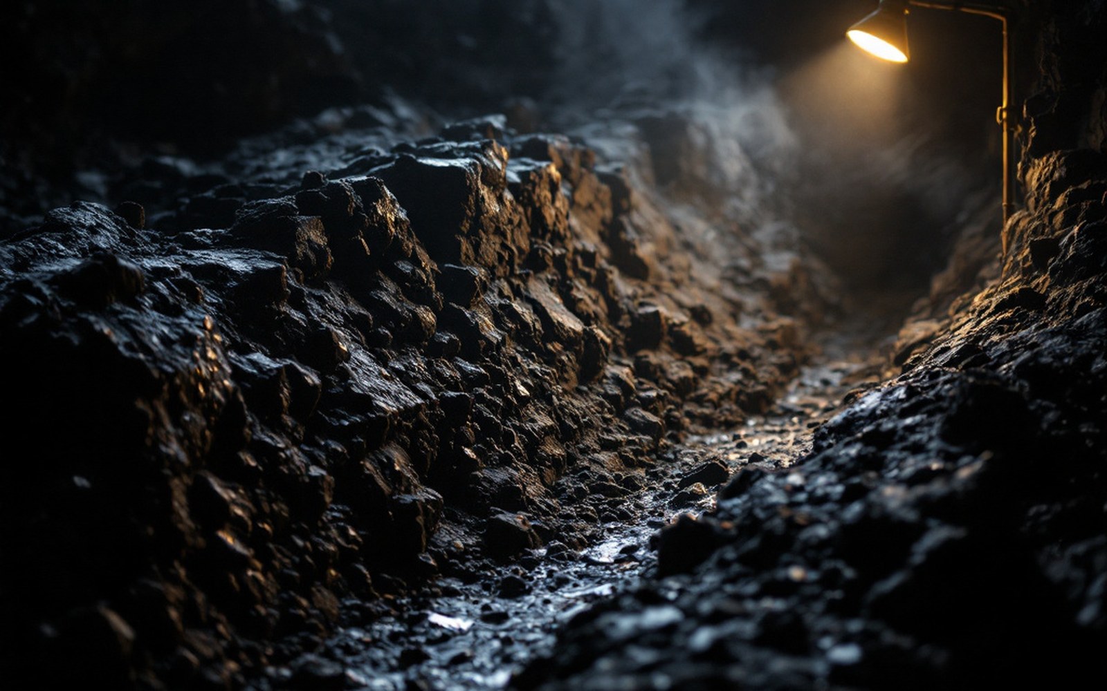A close view of a black coal face with visible bedding, lit by a lamp
